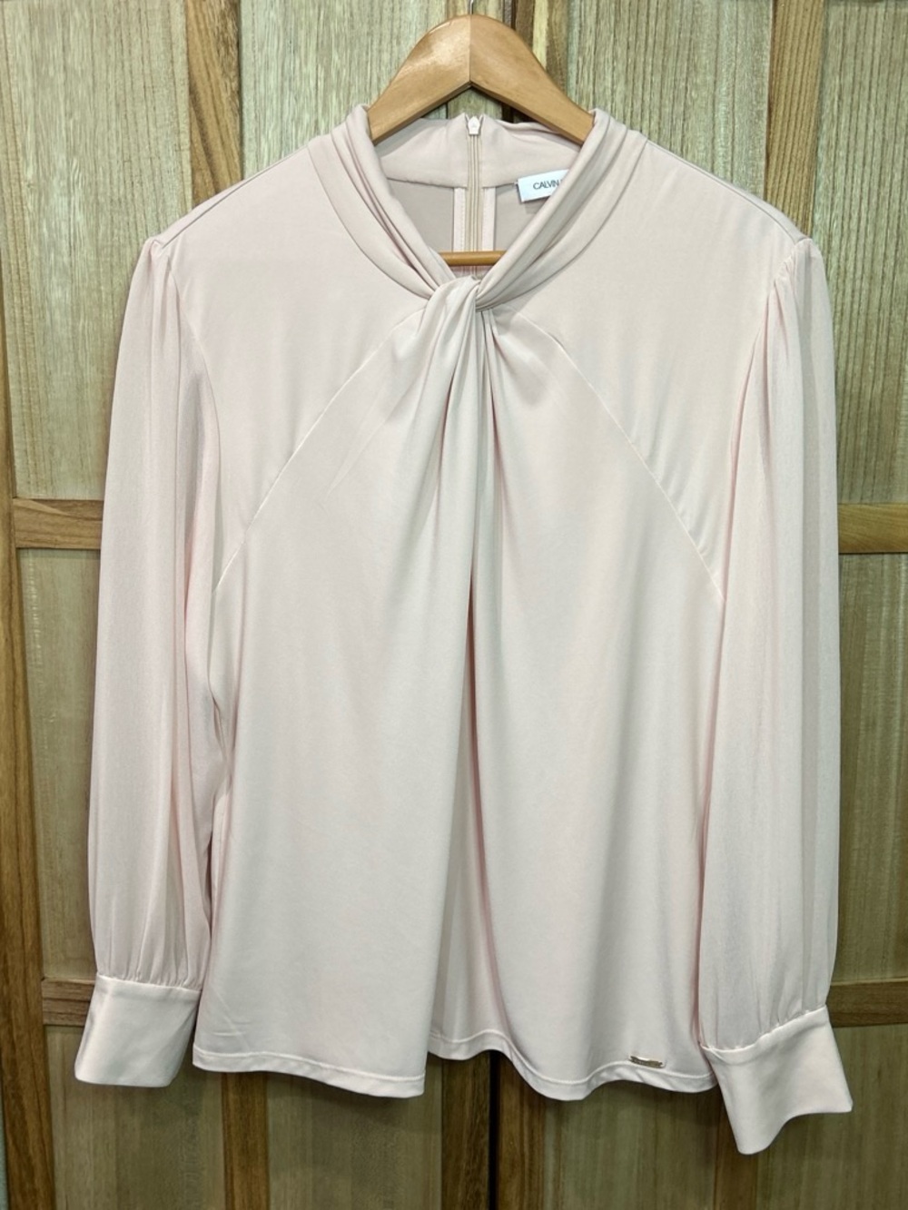 Calvin Klein Women's Blush Pink Twist Neck Blouse Long Sleeve Back Zip Fits L/XL